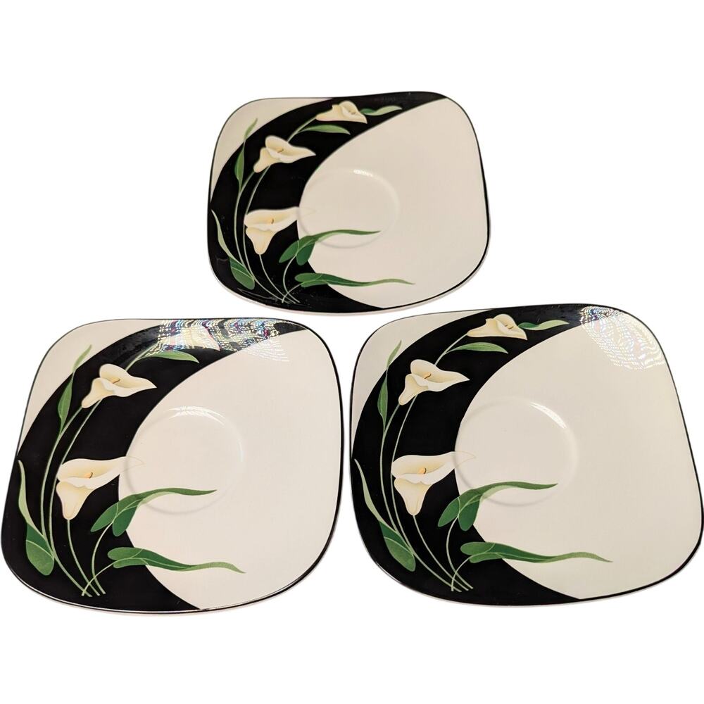 Vtg Sango Quadrille Saucers LOT 3 Black Lilies 5101 KOREA 6.5" Square Floral 80s